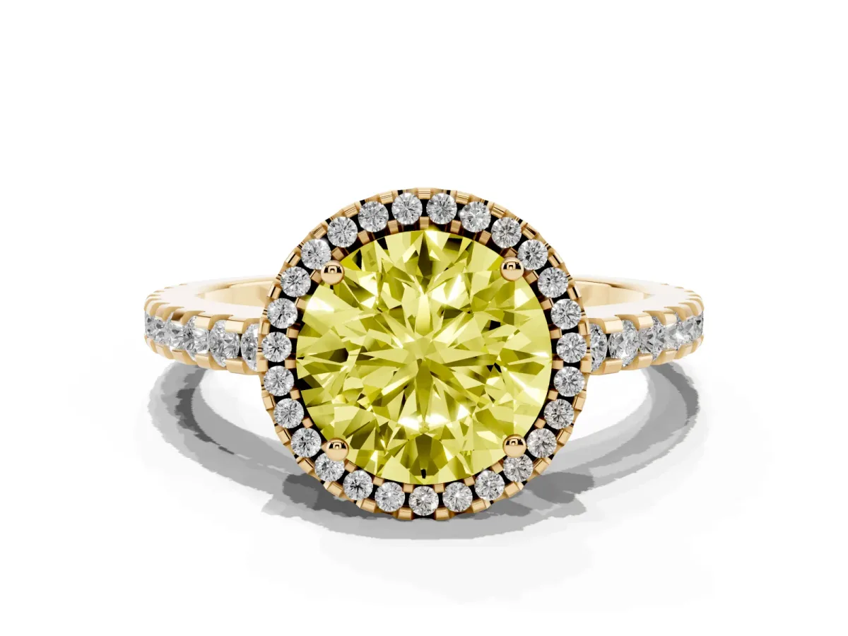 Fancy Yellow Round Cut Diamond Halo Engagement Ring with Pavé Band and Prong Setting Yellow gold