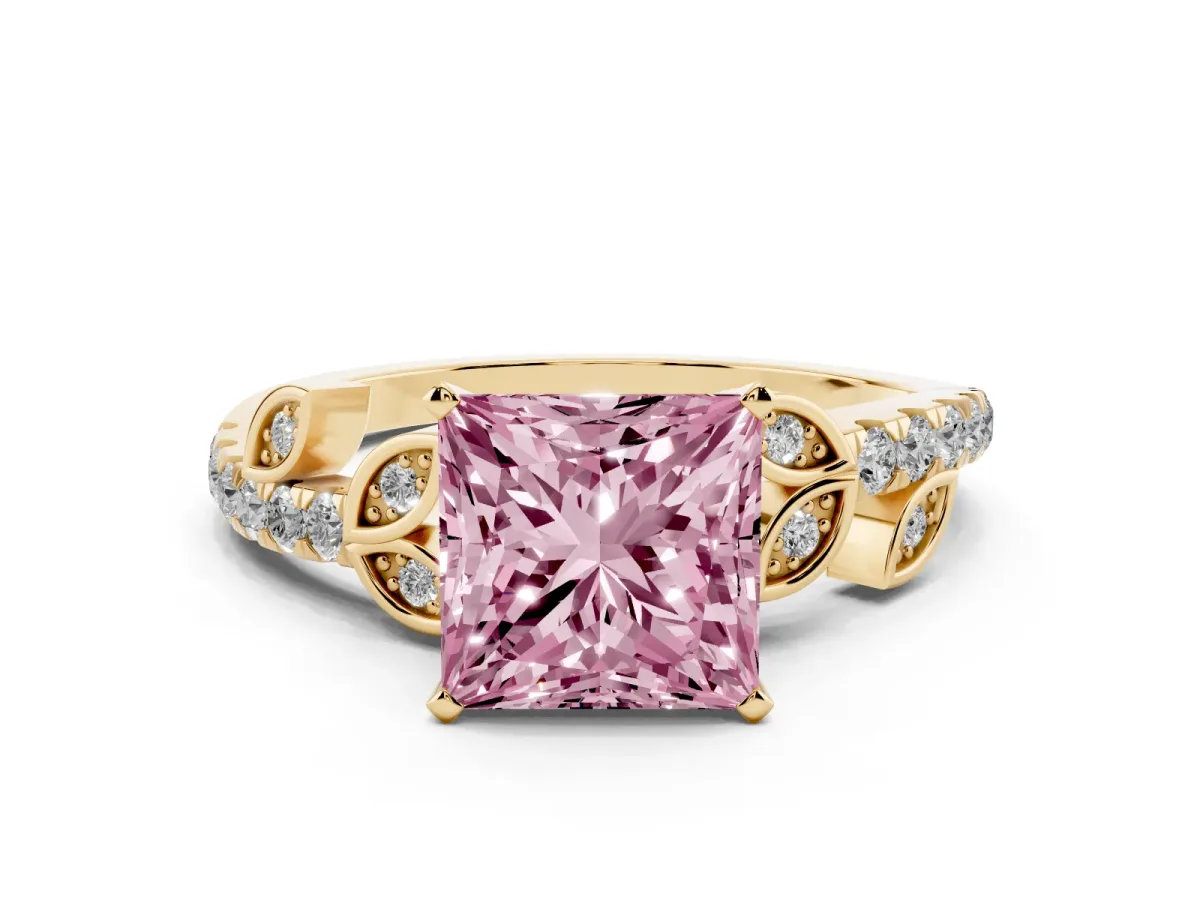 Fancy Pink Princess Cut Solitaire Leaf-Inspired Diamond Ring with Pavé Band and Four-Prong Setting Yellow gold