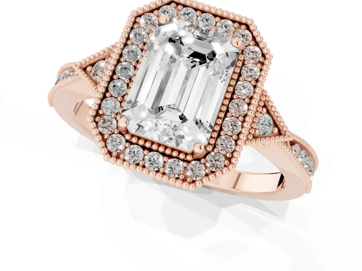 Emerald Cut Halo Round Diamond Milgrain Pave Engagement Ring Rose gold