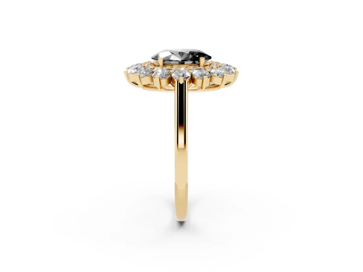 Fancy Black Oval Cut Diamond Floral Double Halo Engagement Ring with Prong Setting Yellow gold