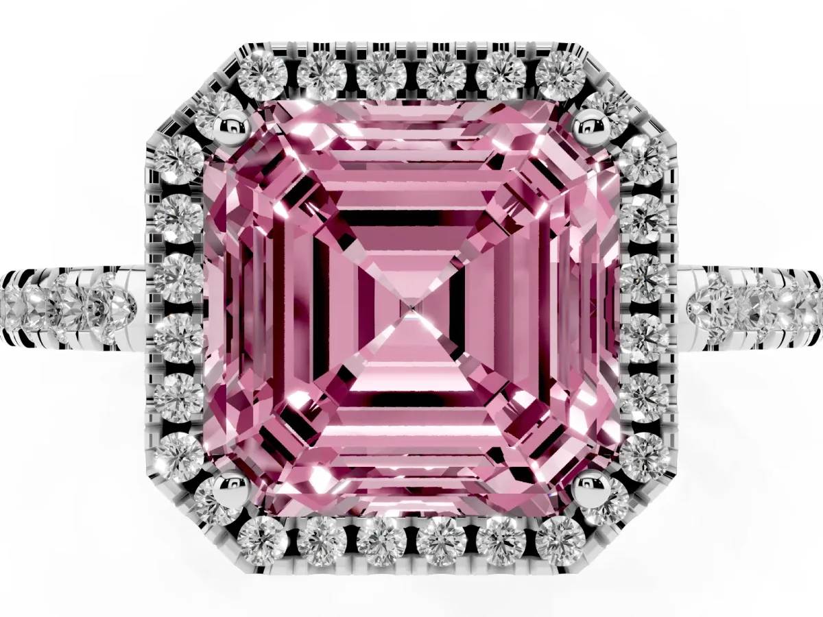 Fancy Pink Asscher Cut Halo Diamond Engagement Ring with Pavé Band and Four-Prong Setting Platinum