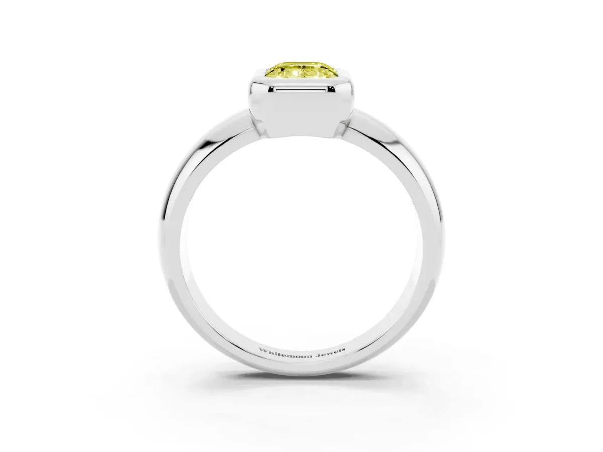 Fancy Yellow Bezel Set Emerald Cut Solitaire Ring with Wide Band White gold