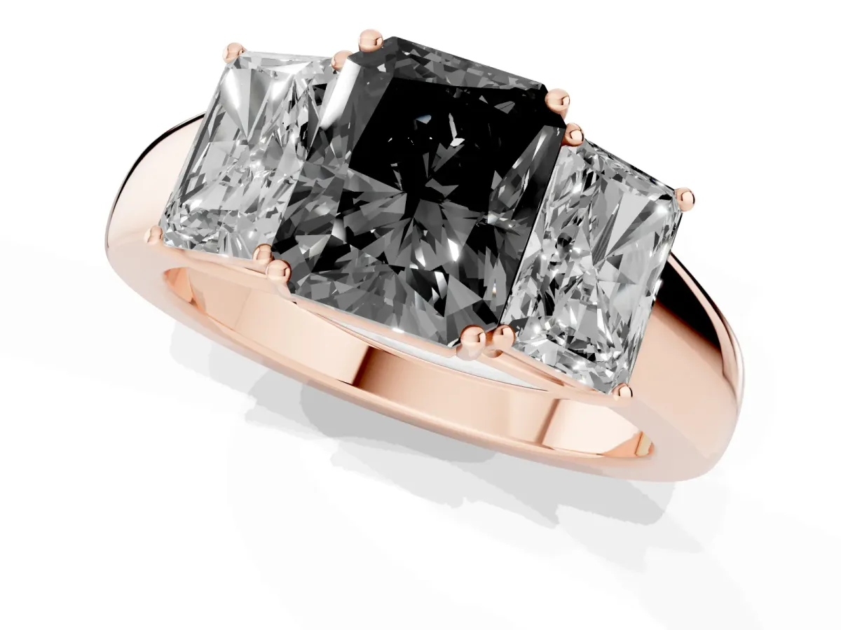 Fancy Black Three-Stone Radiant Cut Cut Diamond Ring with Prong Setting and Classic Band Rose gold