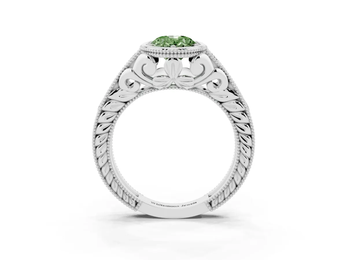 Fancy Green Bezel Set Oval Cut Diamond Milgrain Pave Engagement Ring Silver