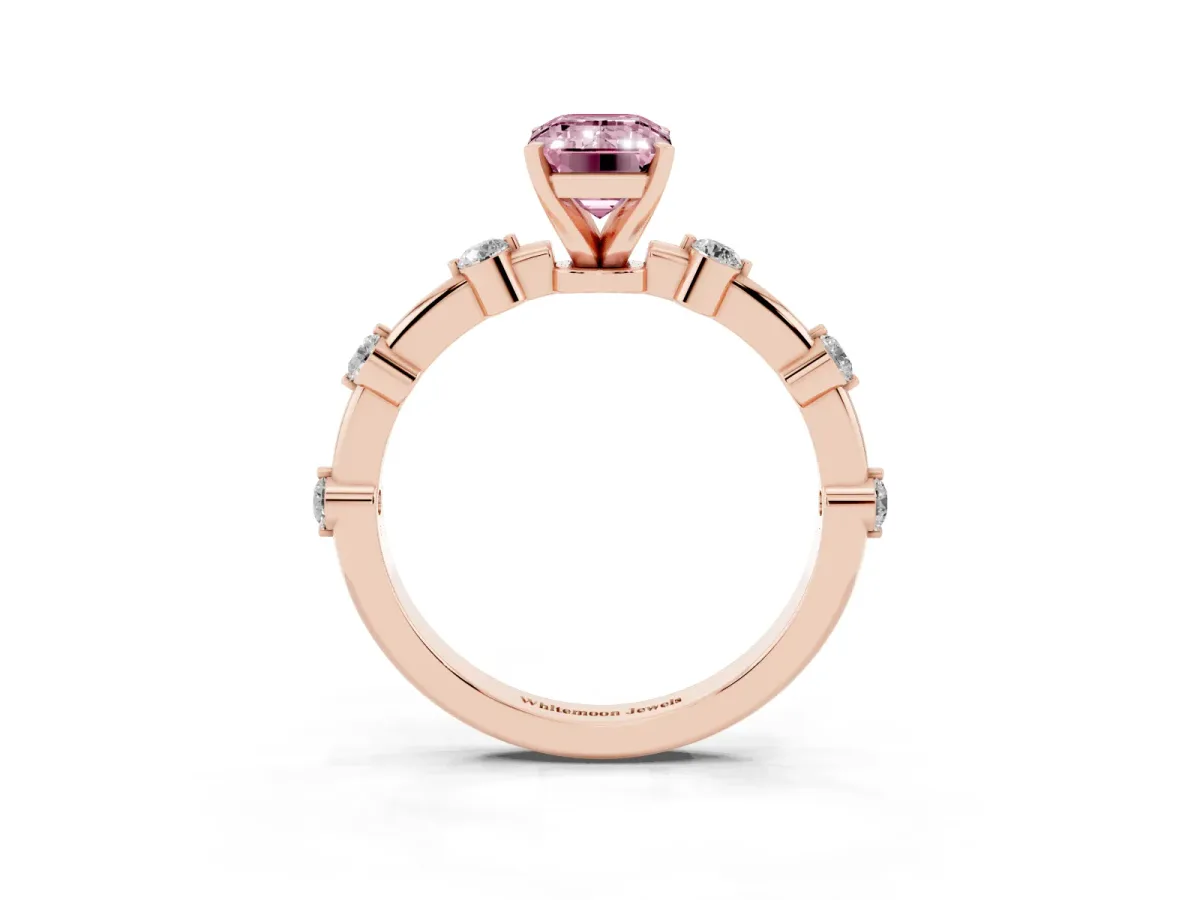 Fancy Pink Emerald Cut Solitaire Diamond Ring with Bezel Set Side Stones and Prong Setting Rose gold