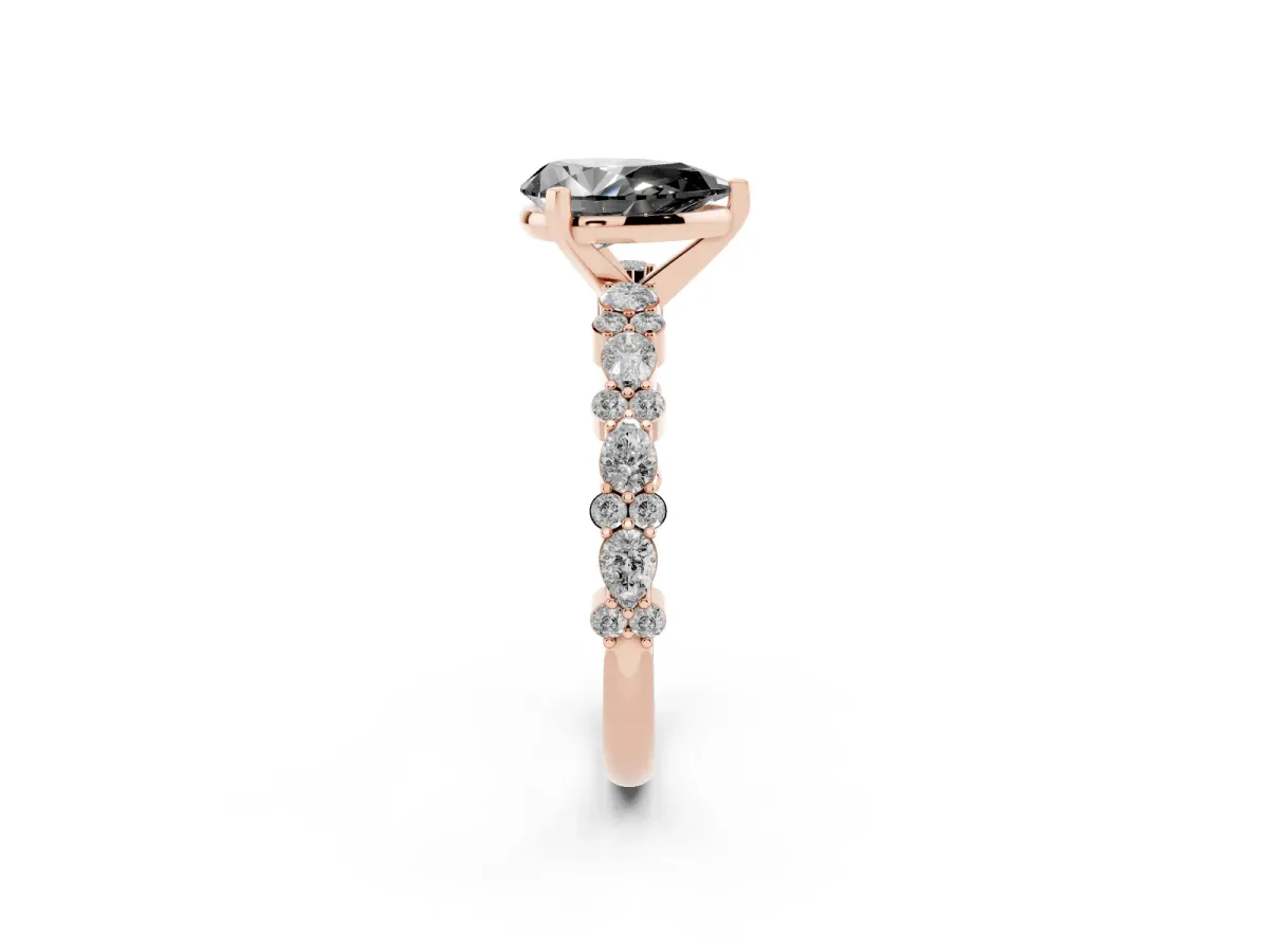 Fancy Black Pear Cut Diamond Side Stone Solitaire Ring with Round and Four-Prong Setting Rose gold