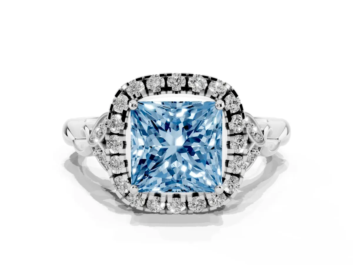 Fancy Blue Princess Cut Halo Diamond Engagement Ring with Vintage-Inspired Band and Four-Prong Setting Silver