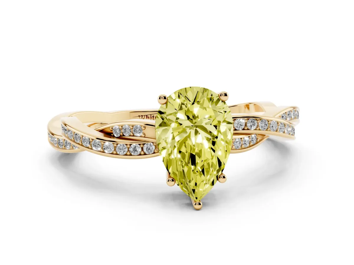 Fancy Yellow Pear Cut Solitaire Twisted Pave Diamond Ring with Four-Prong Setting Yellow gold
