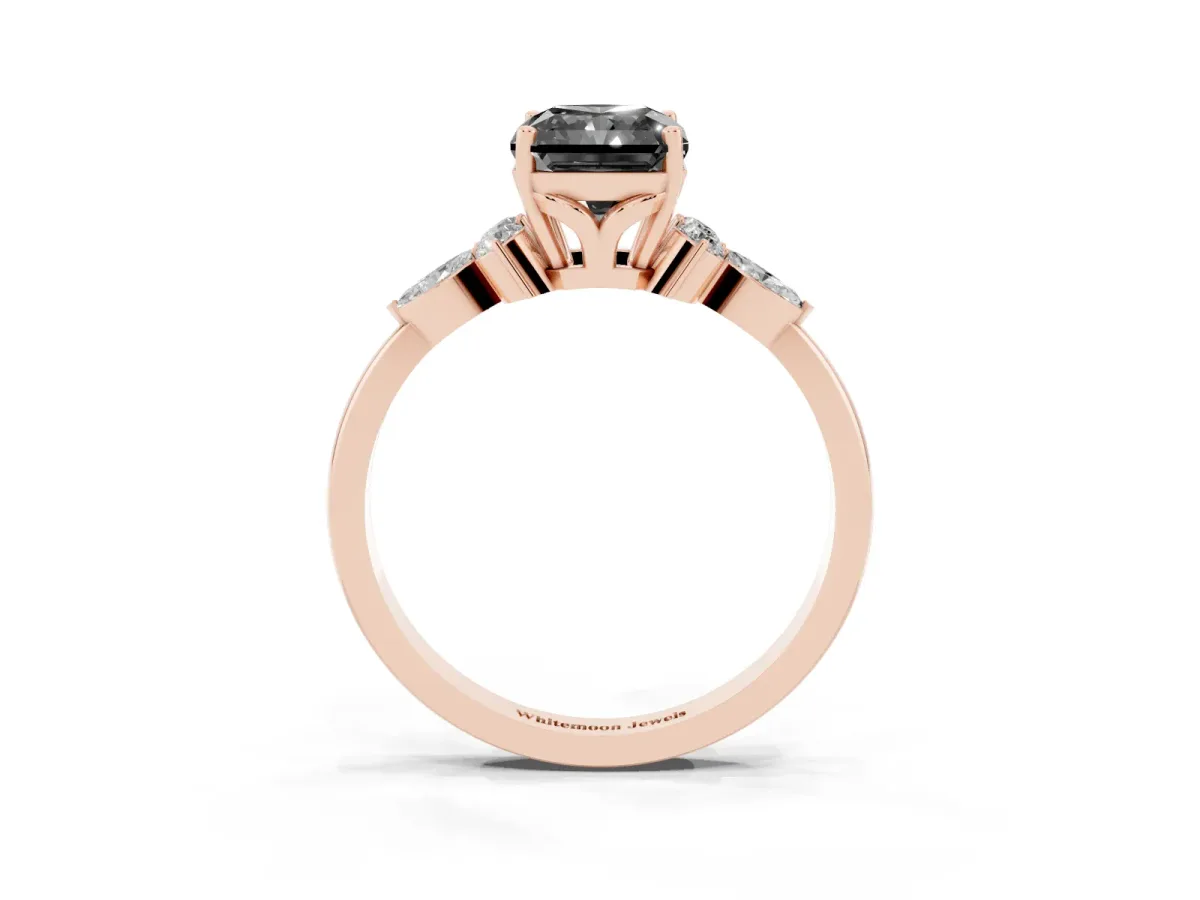 Fancy Black Radiant Cut Brilliant Diamond Solitaire Ring with Pear Side Stones and Four-Prong Setting Rose gold