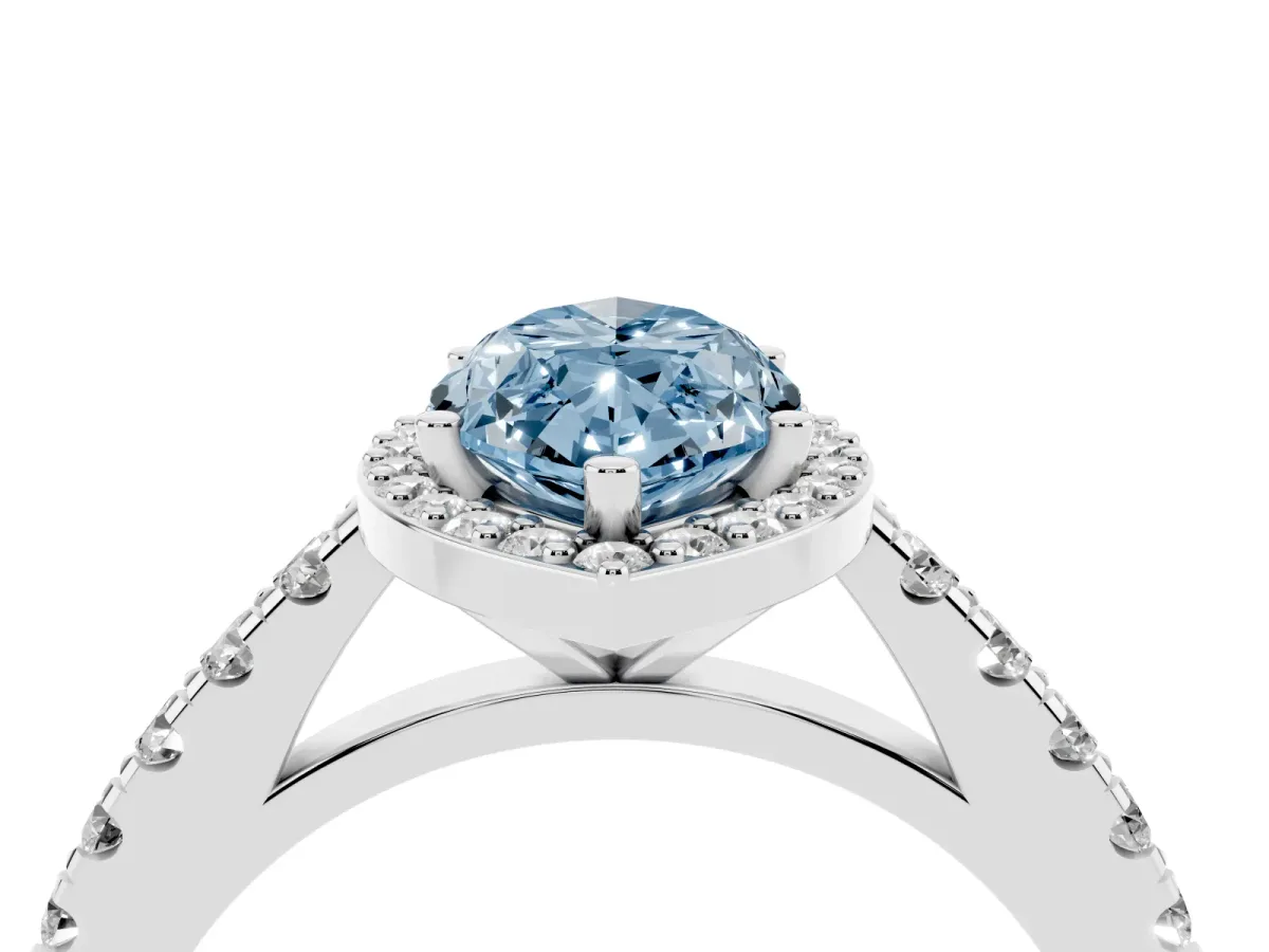 Fancy Blue Marquise Cut Cut Halo Diamond Engagement Ring with Pave Band and Four-Prong Setting Silver