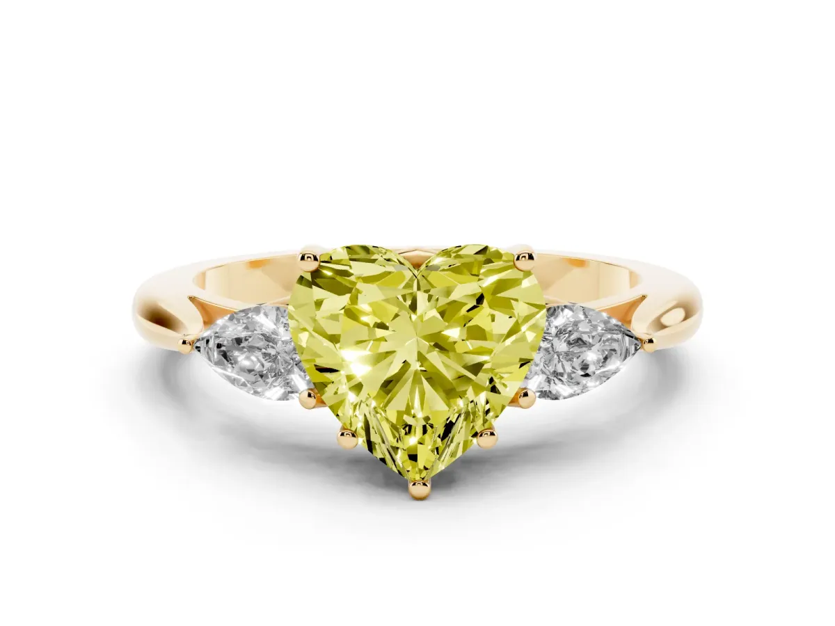 Fancy Yellow Three-Stone Heart Cut Diamond Ring with Pear Side Stones in Four-Prong Setting Yellow gold
