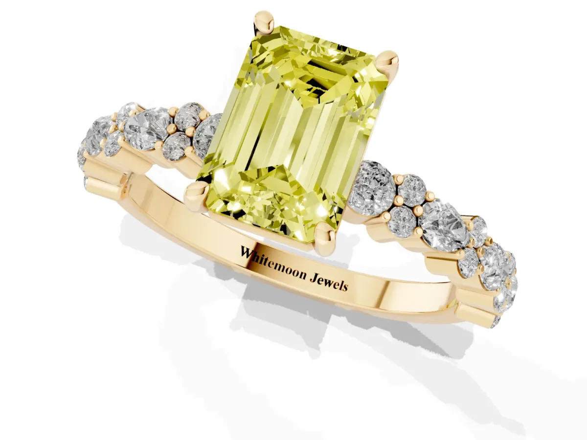 Fancy Yellow Emerald Cut Diamond Side Stone Solitaire Ring with Round and Four-Prong Setting Yellow gold