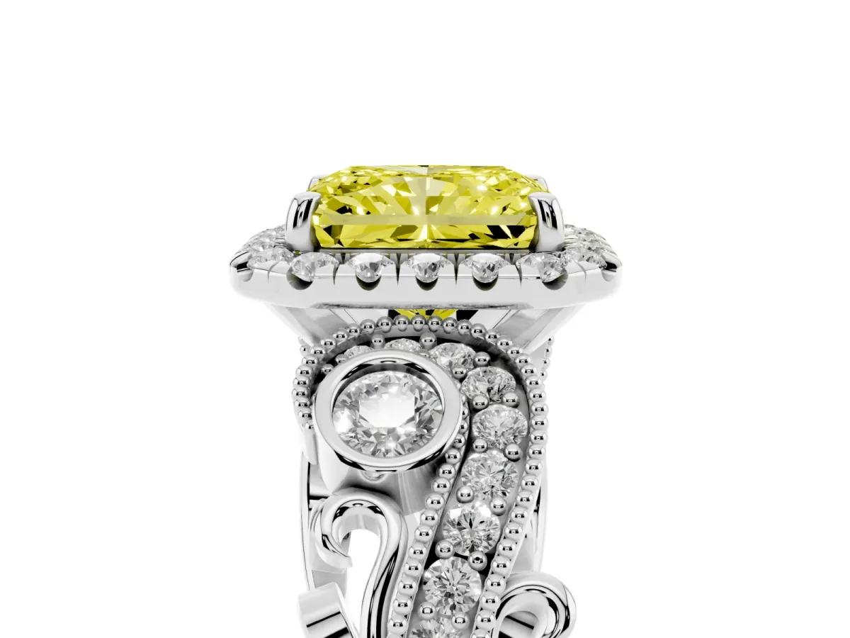 Fancy Yellow Radiant Cut Halo Diamond Ring with Milgrain and Bezel Accents on a Split Shank Band Silver
