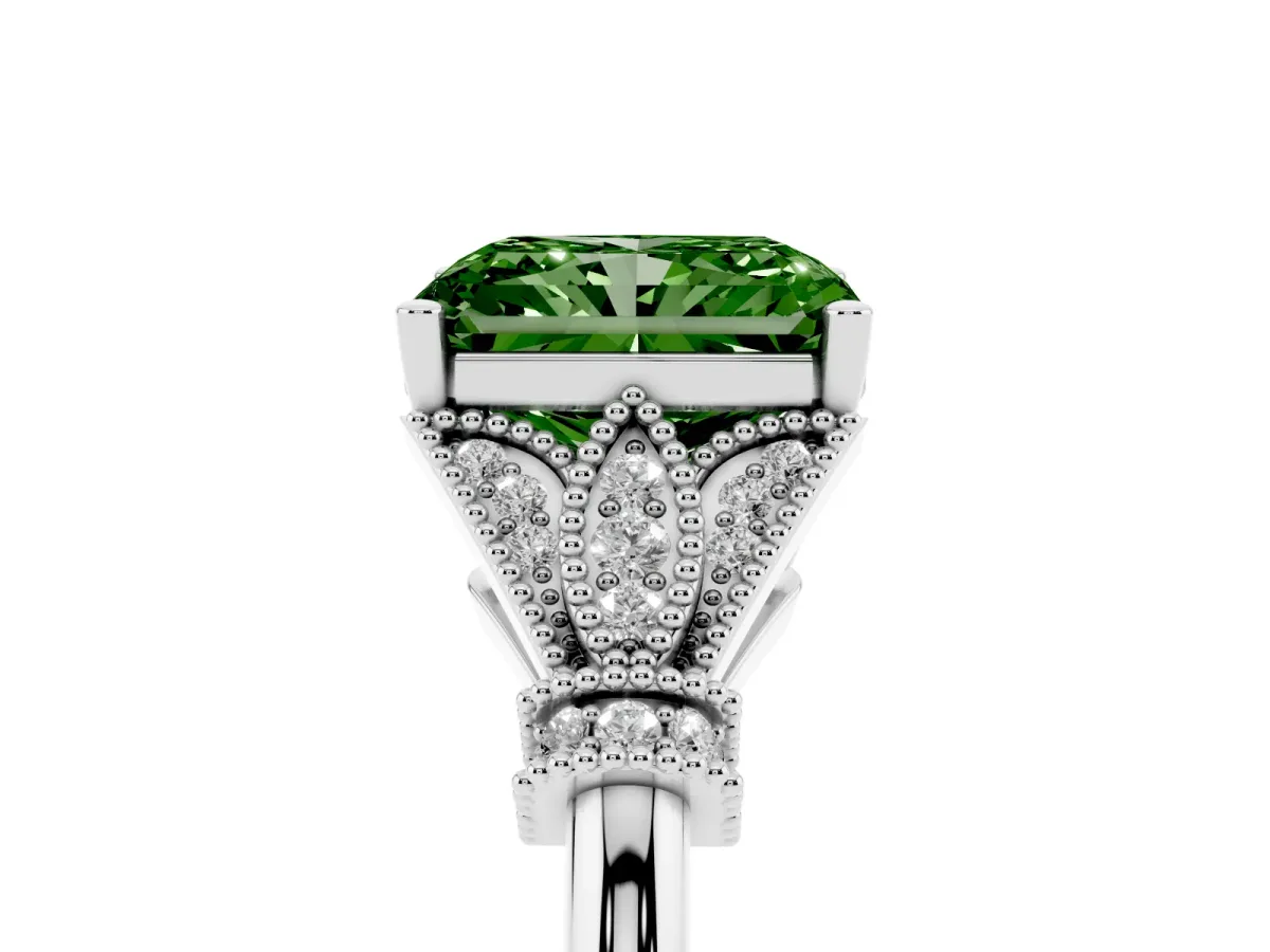 Fancy Green Radiant Cut Diamond Solitaire Ring with Floral Filigree and Pave Accents Platinum