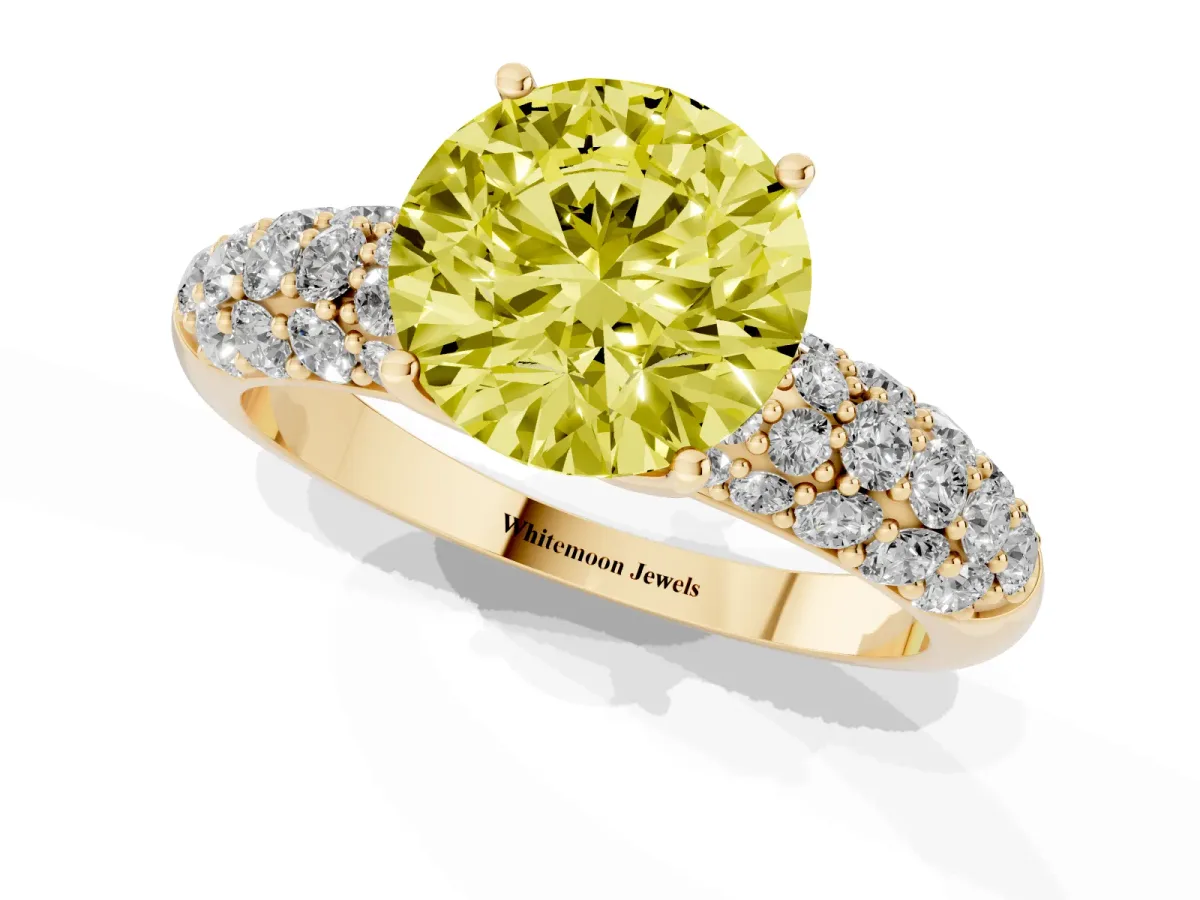 Fancy Yellow Round Cut Diamond Pavé Band Solitaire Ring with Four-Prong Setting Yellow gold