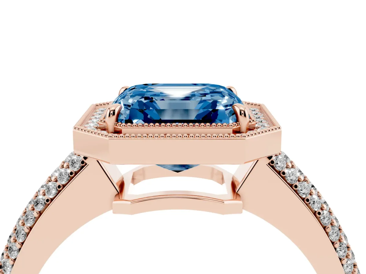 Fancy Blue Asscher Cut Cut Halo Diamond Pave Band with Four-Prong Setting Rose gold