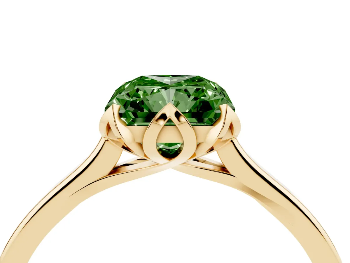 Fancy Green Radiant Cut Diamond Solitaire Ring with Flower Prong Setting and Classic Band Yellow gold