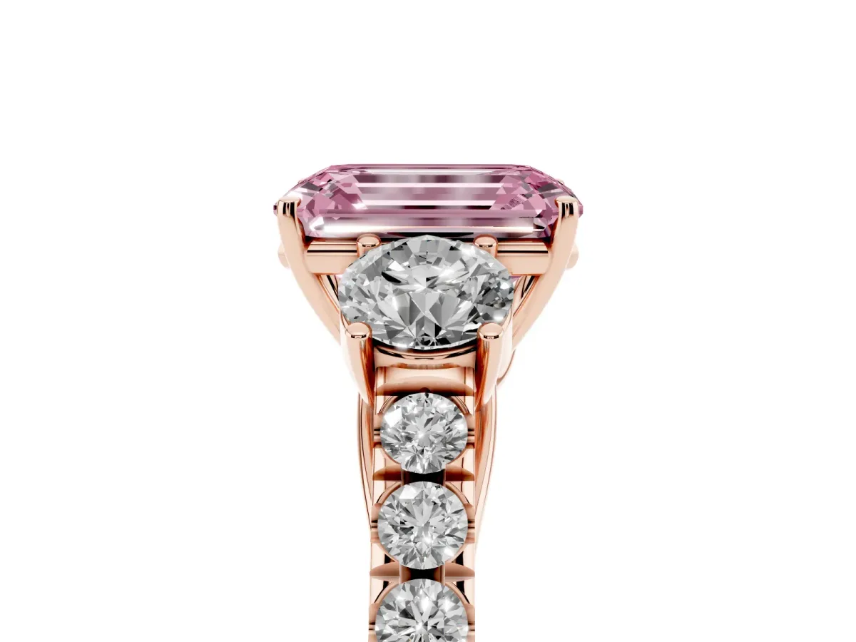 Fancy Pink Emerald Cut Cut Diamond Three-Stone Ring with Round Side Stones and Pavé Band Rose gold