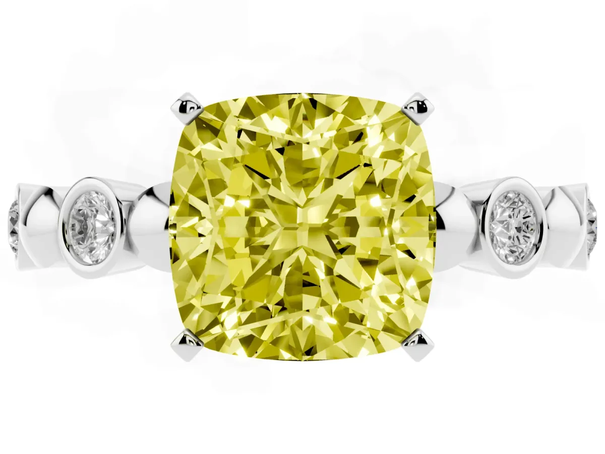 Fancy Yellow Cushion Cut Solitaire Bezel-Set Diamond Ring with Beaded Band and Four-Prong Setting Silver