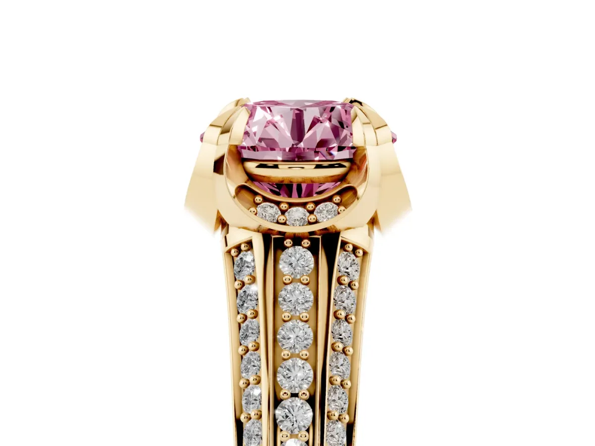 Fancy Pink Round Cut Solitaire Pave Split Shank Ring with Four-Prong Setting Yellow gold