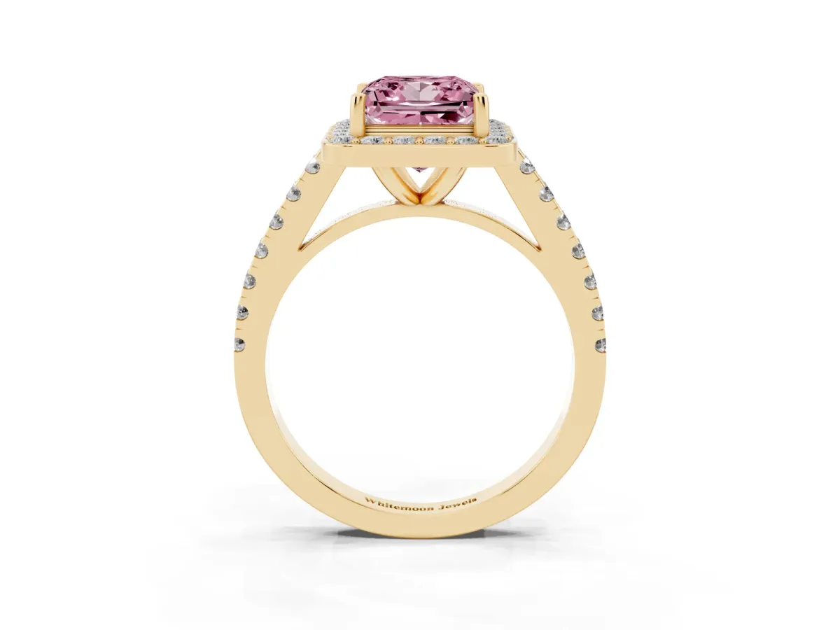 Fancy Pink Princess Cut Diamond Halo Ring with Round Pavé Split Shank and Prong Setting Yellow gold