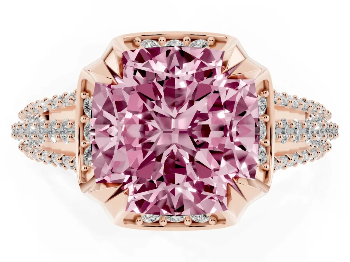 Fancy Pink Cushion Cut Solitaire Pave Split Shank Ring with Four-Prong Setting Rose gold