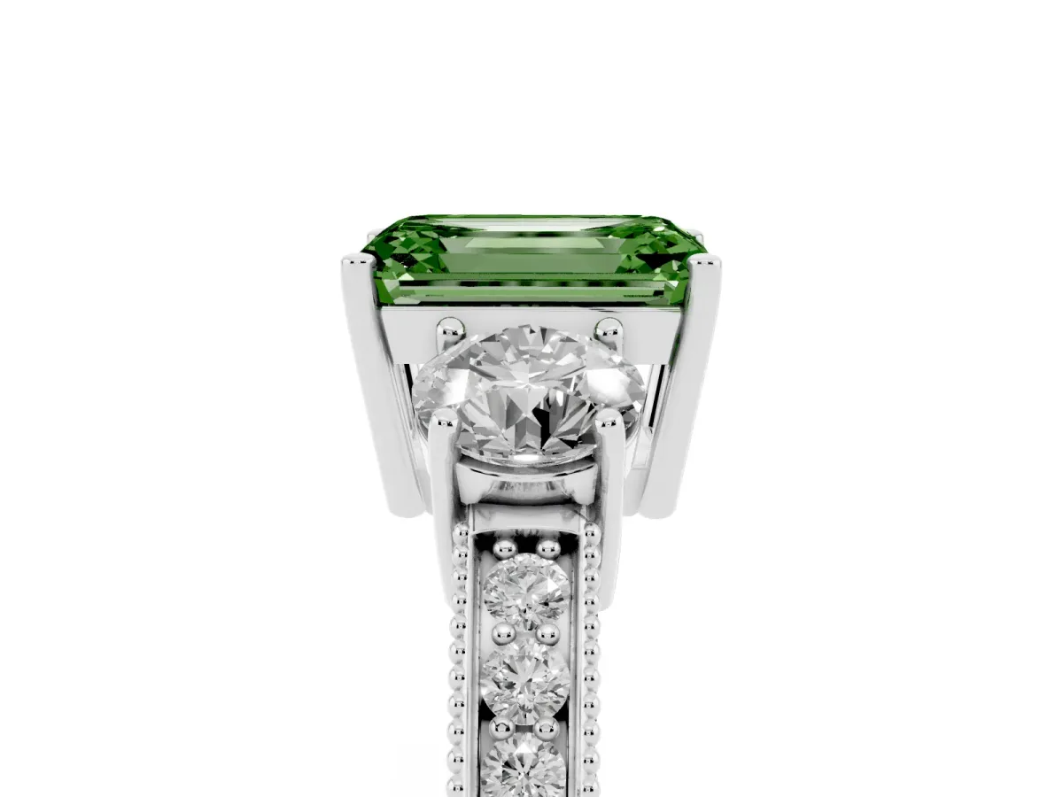 Fancy Green Emerald Cut Three-Stone Diamond Ring with Pavé Band and Four-Prong Setting Silver