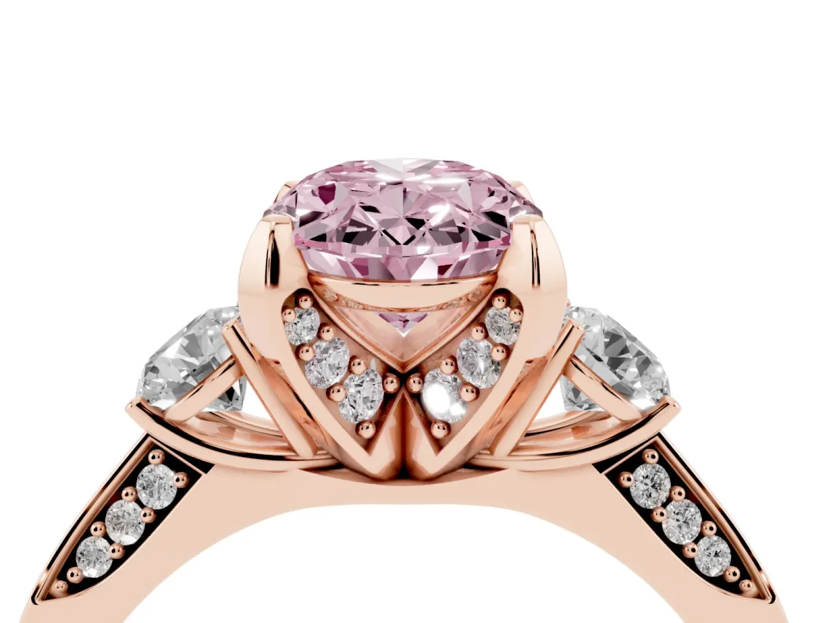 Fancy Pink Oval Cut Brilliant Three-Stone Diamond Ring with Pavé Band and Four-Prong Setting Rose gold