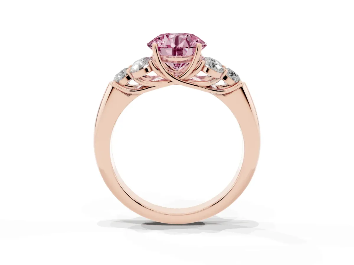 Fancy Pink Round Cut Cut Diamond Cluster Ring with Round Accent Stones and Prong Setting on a Classic Band Rose gold