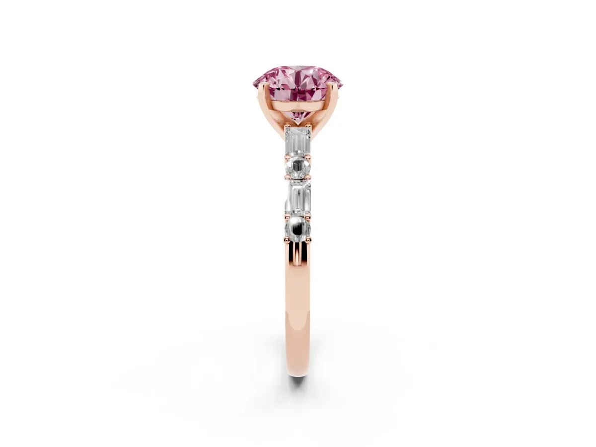 Fancy Pink Round Cut Diamond Solitaire with Side Baguettes and Channel Set Band Rose gold