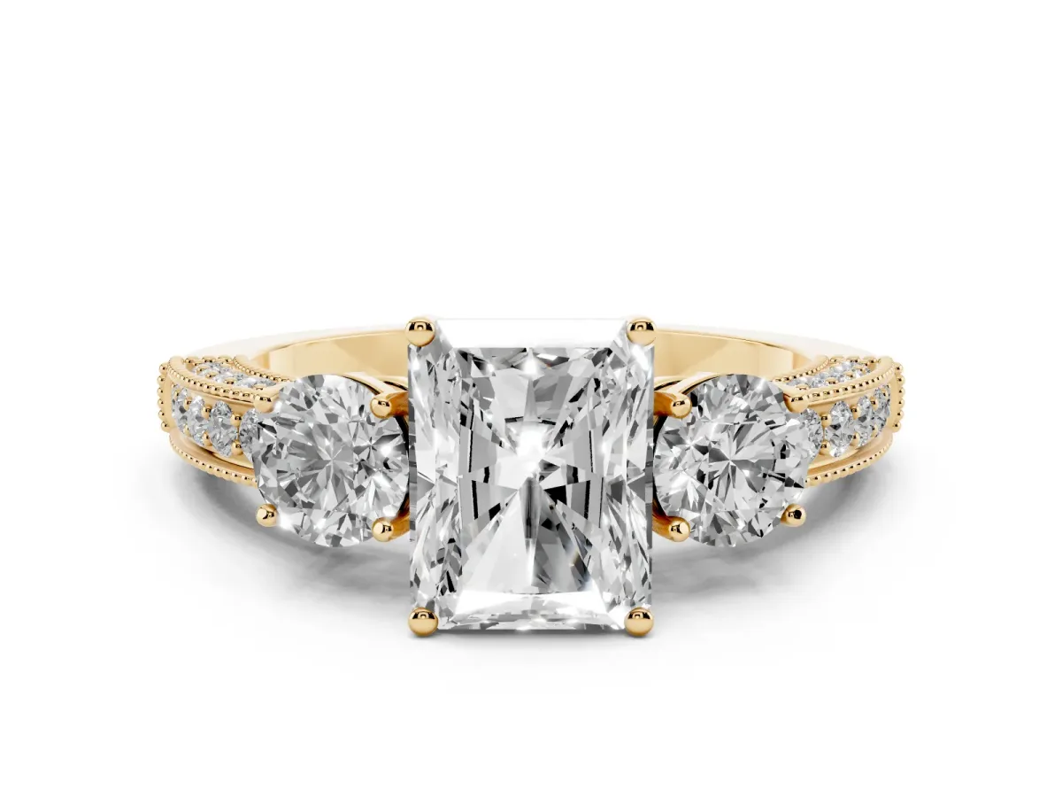 Radiant Cut Three-Stone Diamond Ring with Pavé Band and Four-Prong Setting Yellow gold
