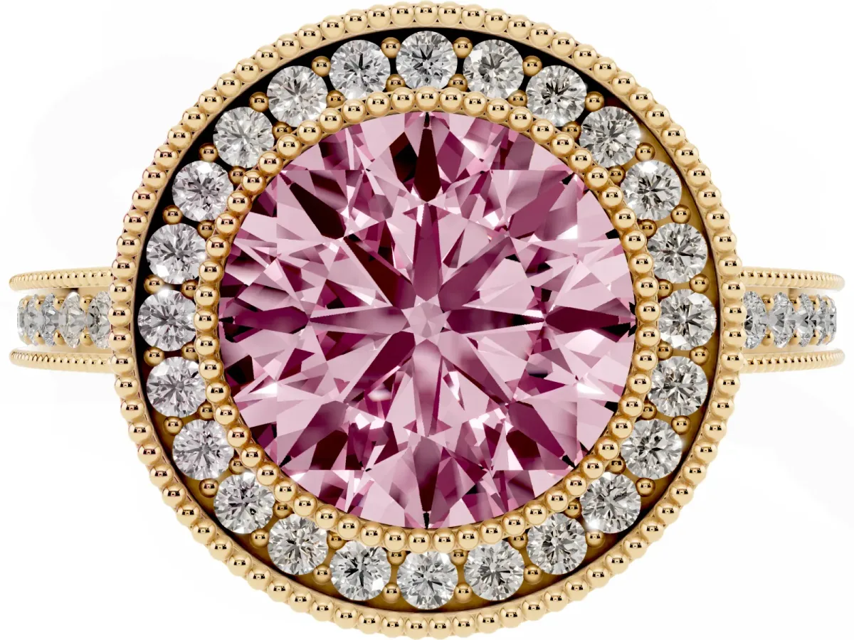 Fancy Pink Round Cut Cut Halo Diamond Ring with Pavé Band and Milgrain Prong Setting Yellow gold