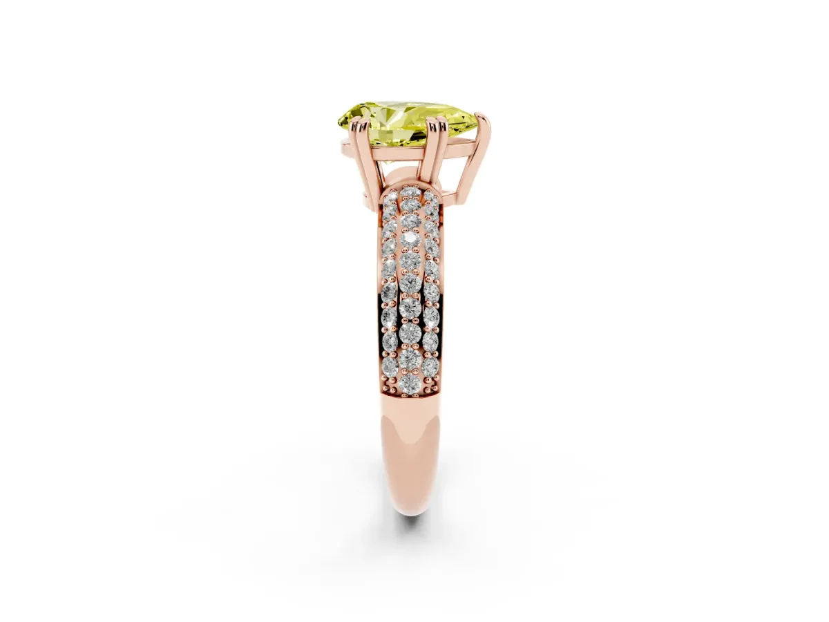 Fancy Yellow Pear Cut Diamond Solitaire Ring with Multi-Row Round Pavé Band and Prong Setting Rose gold