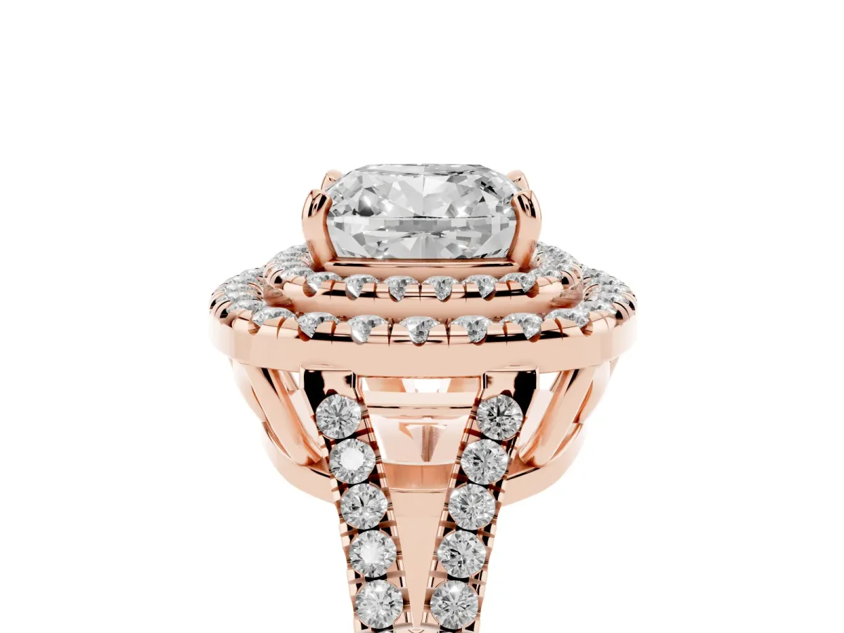 Cushion Cut Diamond Double Halo Ring with Pavé Band and Prong Setting Rose gold
