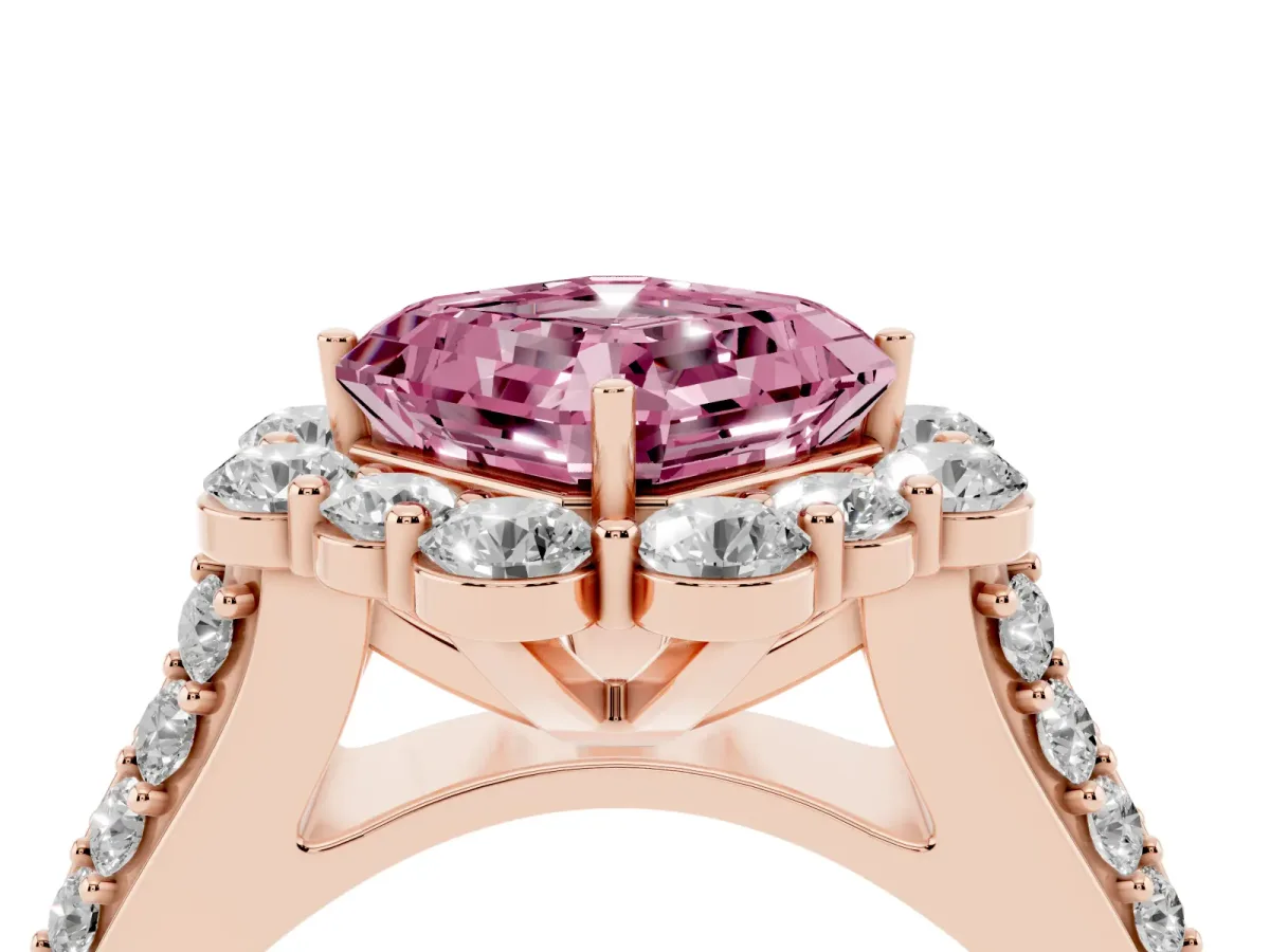 Fancy Pink Asscher Cut Halo Diamond Engagement Ring with Split Shank and Prong Setting Rose gold