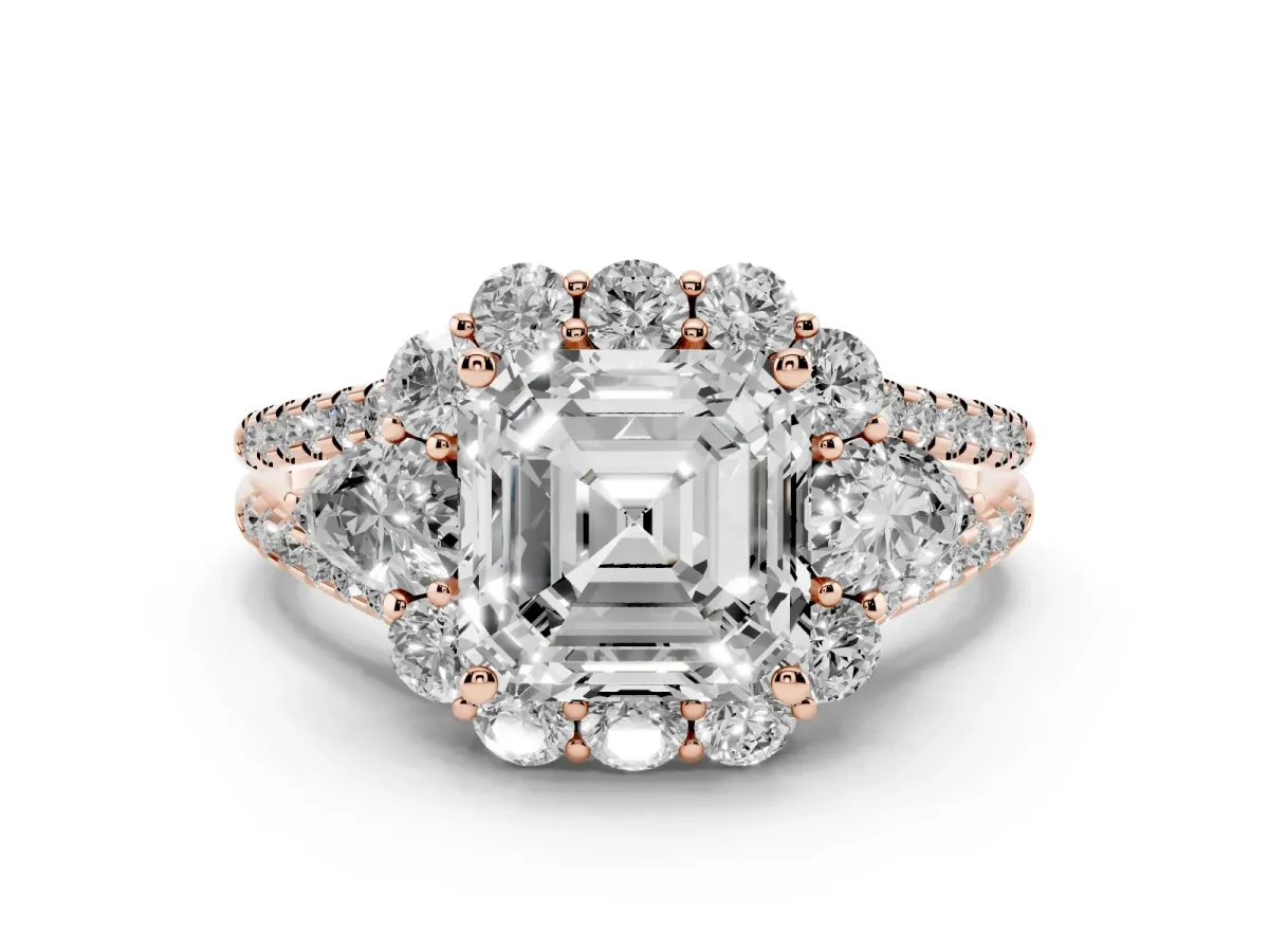 Asscher Cut Halo Split Shank Diamond Engagement Ring with Prong Setting Rose gold