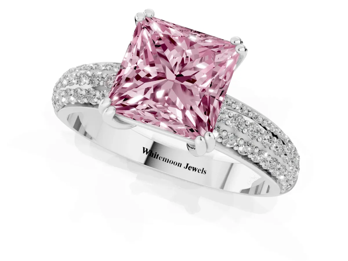 Fancy Pink Princess Cut Diamond Solitaire Ring with Multi-Row Round Pavé Band and Prong Setting Silver