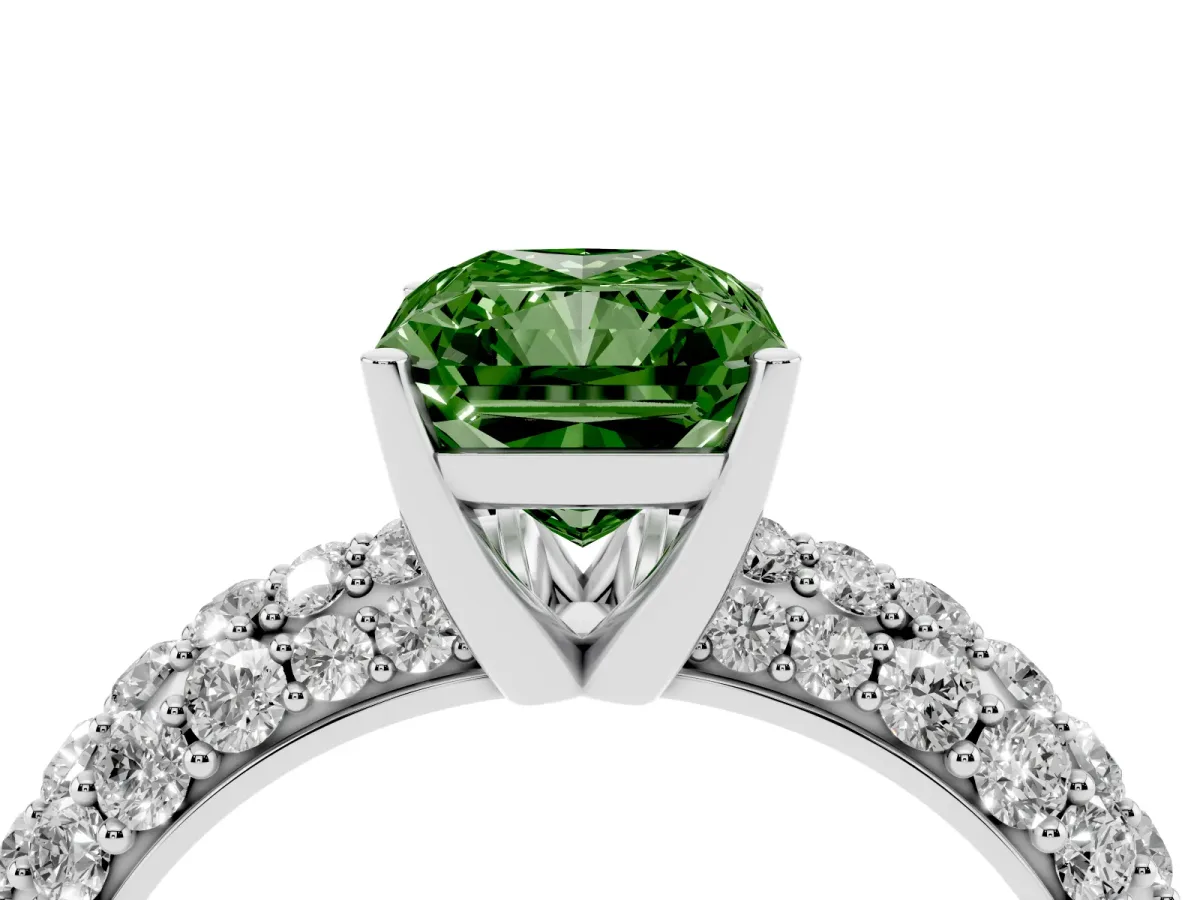 Fancy Green Radiant Cut Diamond Pavé Band Solitaire Ring with Four-Prong Setting Silver