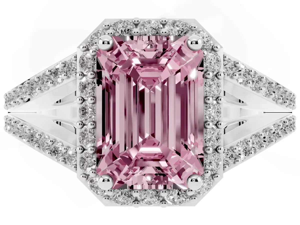 Fancy Pink Emerald Cut Halo Split Shank Diamond Ring with Prong Setting Platinum