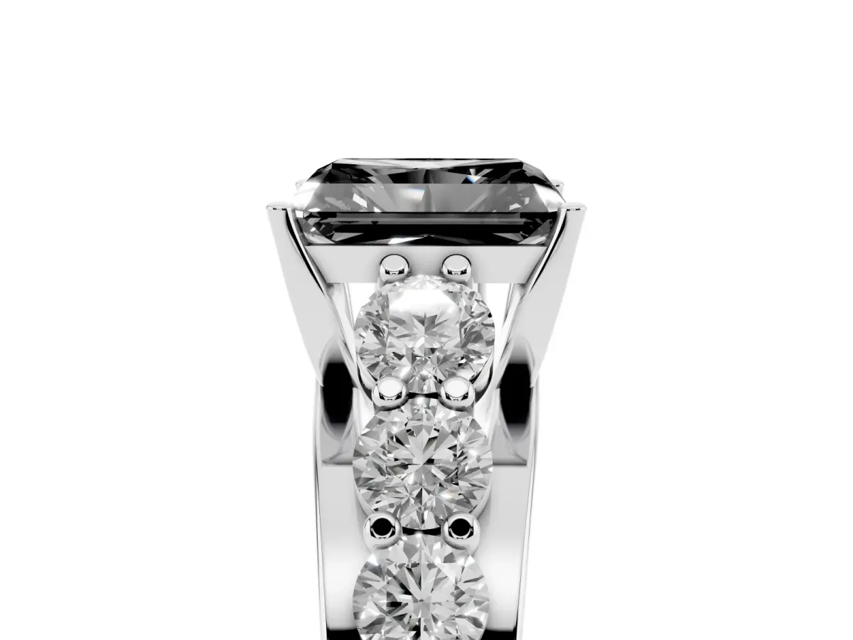 Fancy Black Radiant Cut Diamond Engagement Ring with Pavé Band and Four-Prong Setting Silver