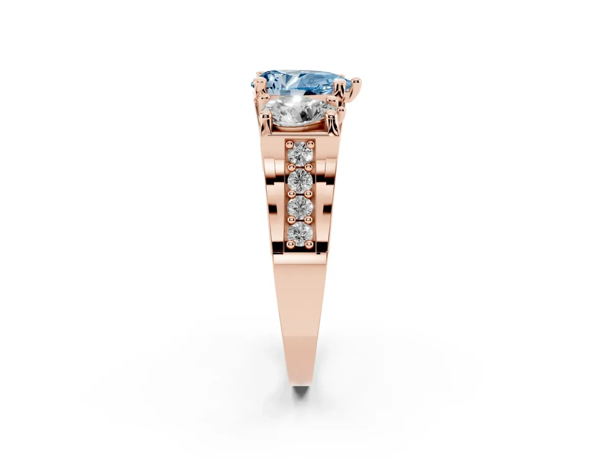 Fancy Blue Pear Cut Diamond Three-Stone Ring with Channel Set Band and Four-Prong Setting Rose gold