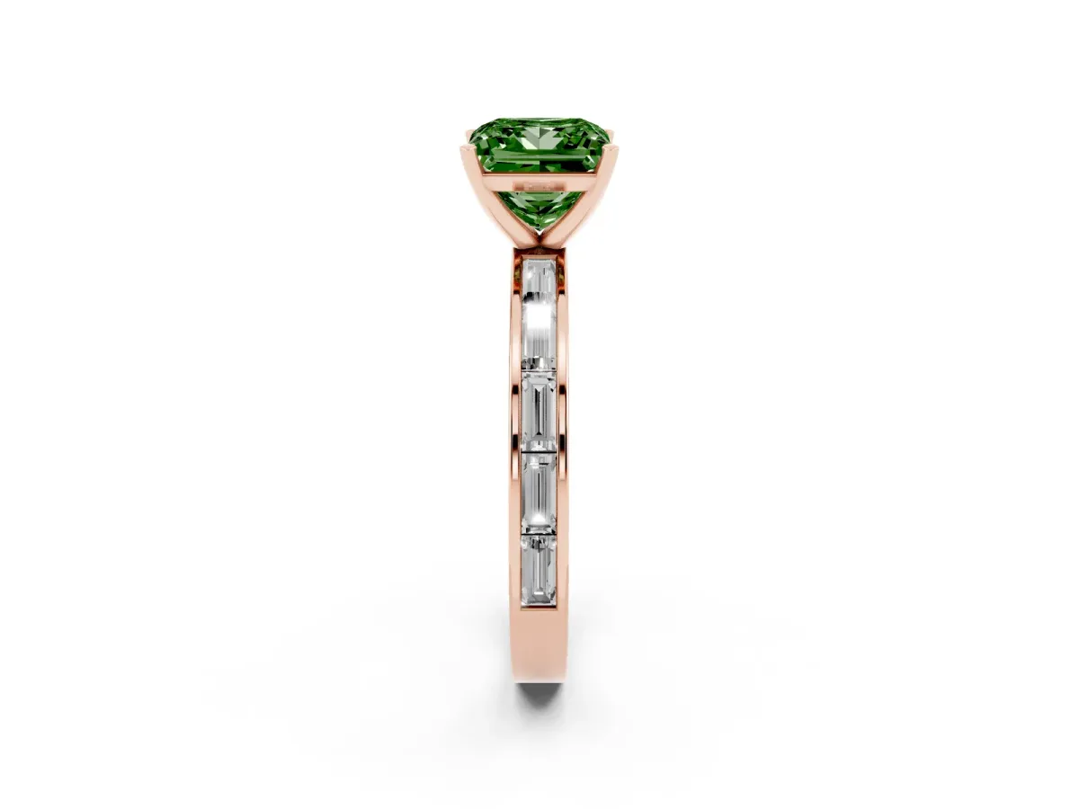 Fancy Green Princess Cut Solitaire Diamond Ring with Channel-Set Baguette Band and Four-Prong Setting Rose gold