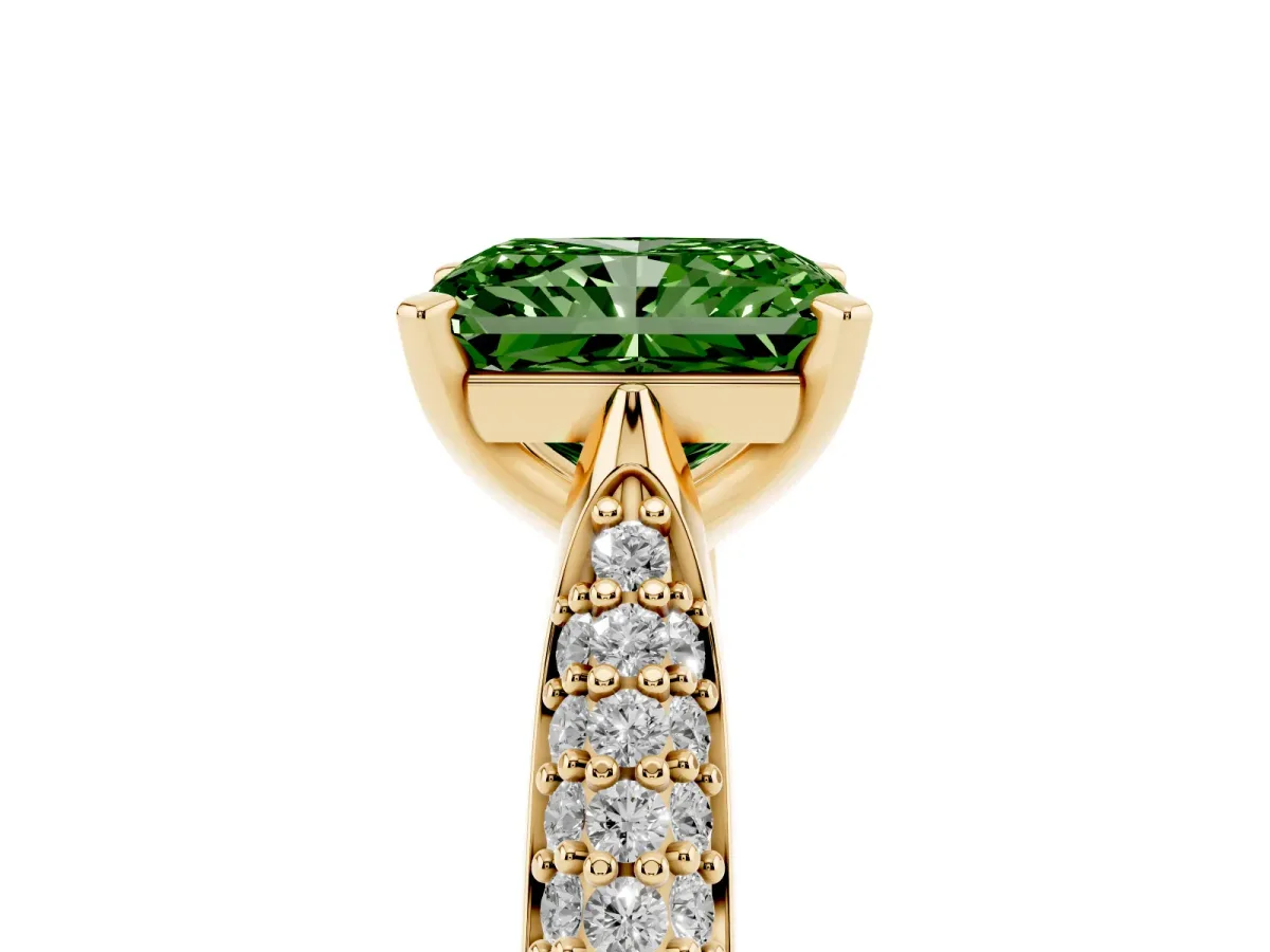 Fancy Green Radiant Cut Diamond Solitaire Engagement Ring with Multi-Row Round Pavé Band and Prong Setting Yellow gold