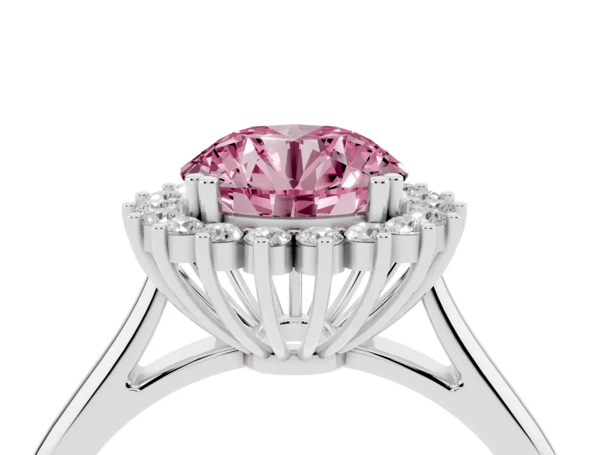 Fancy Pink Round Cut Cut Diamond Halo Ring with Solitaire Band and Prong Setting Platinum
