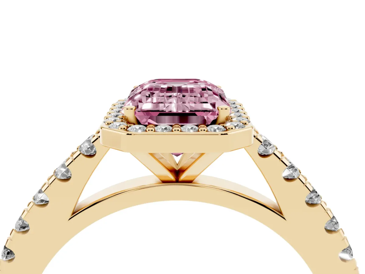 Fancy Pink Emerald Cut Cut Halo Diamond Engagement Ring with Pave Band and Four-Prong Setting Yellow gold