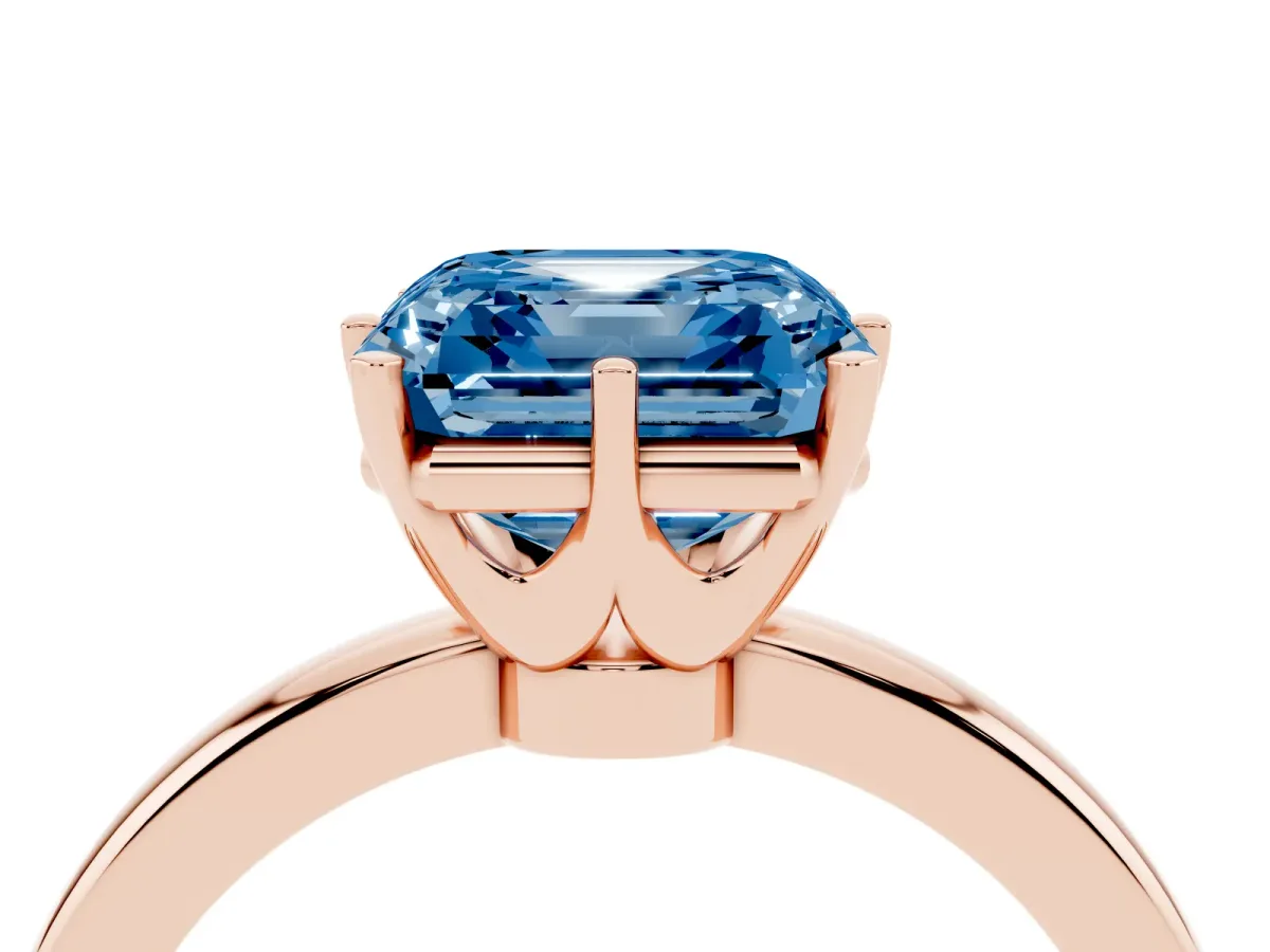 Fancy Blue Asscher Cut Solitaire Diamond Ring with Six-Prong Setting on a Classic Band Rose gold