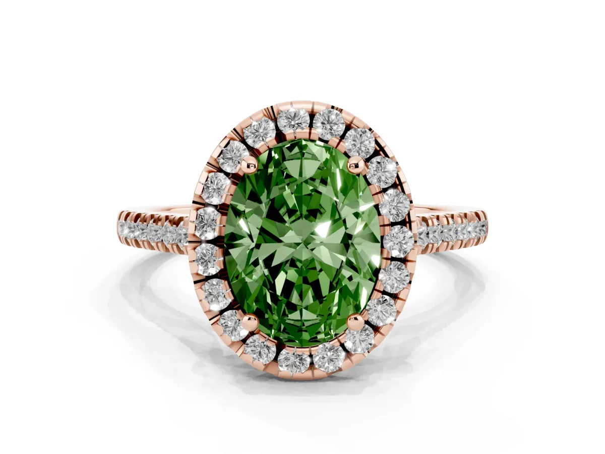 Fancy Green Oval Cut Diamond Cushion Halo Ring with Pavé Band Rose gold
