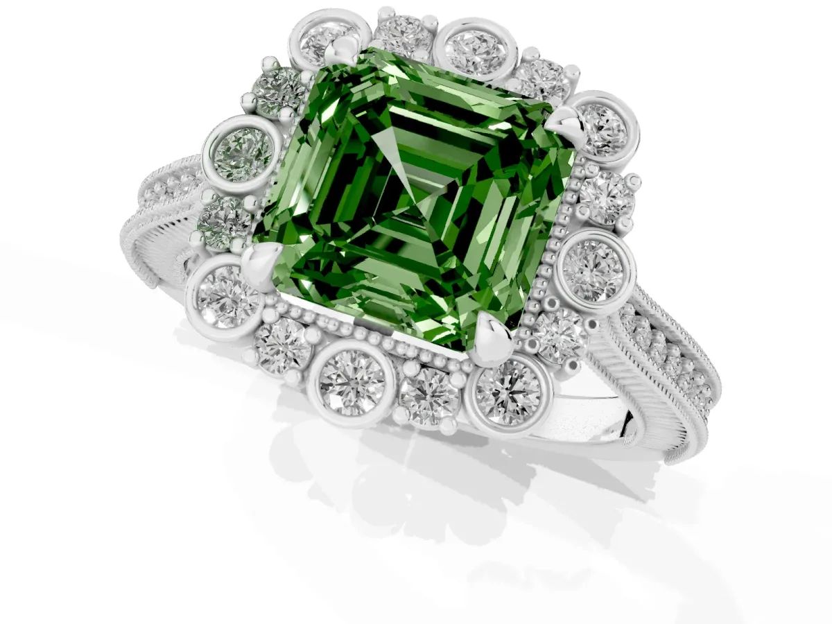 Fancy Green Asscher Cut Halo Milgrain Pave Diamond Ring with Four-Prong Setting Silver