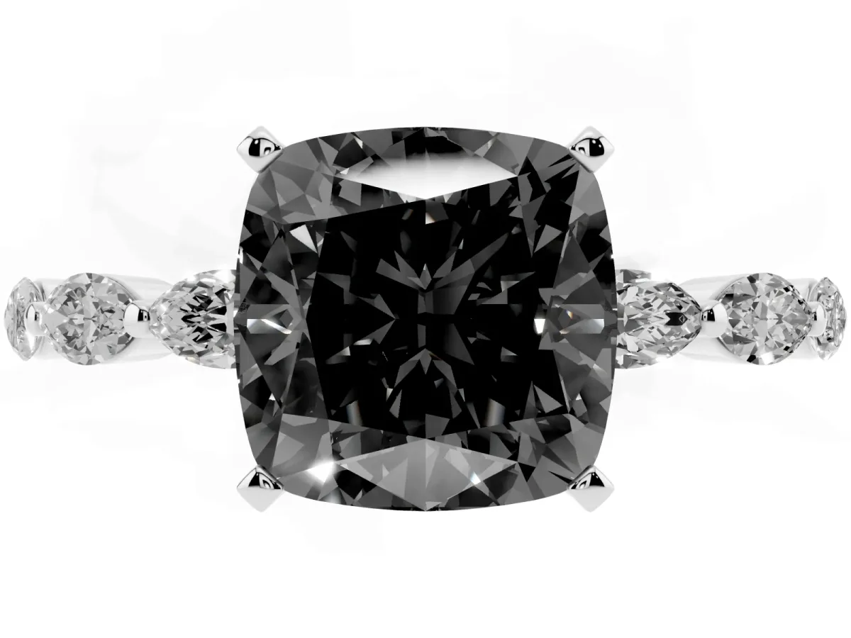 Fancy Black Cushion Cut Diamond Ring with Marquise Side Stones and Prong Setting Platinum