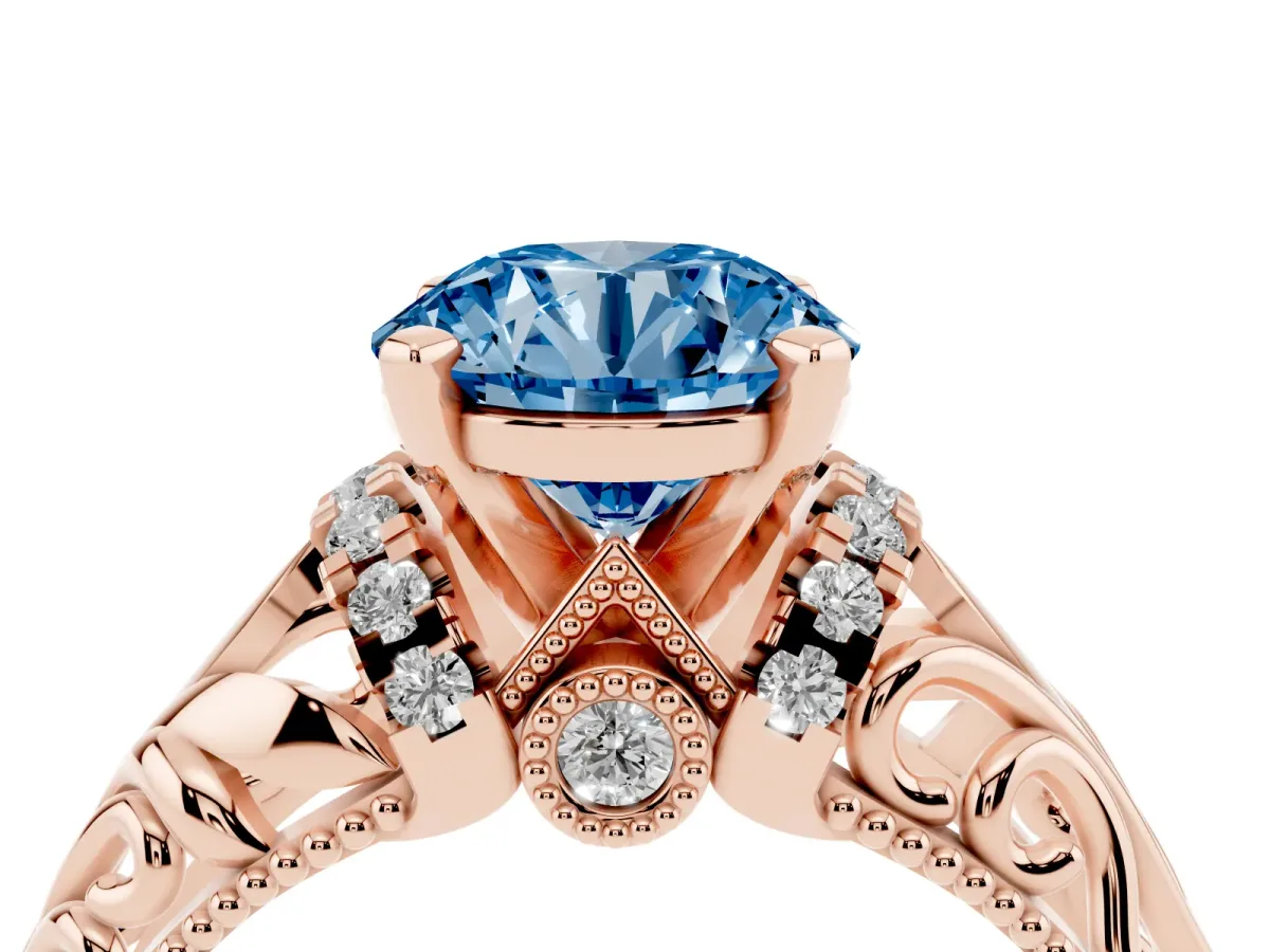 Fancy Blue Round Cut Solitaire Filigree Engagement Ring with Halo and Prong Setting Rose gold
